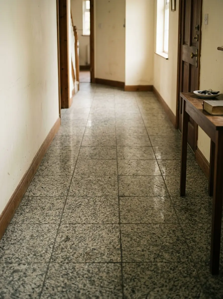 Pasillo con suelo de granito en una vivienda, antes y después del pulido — sin tratar
