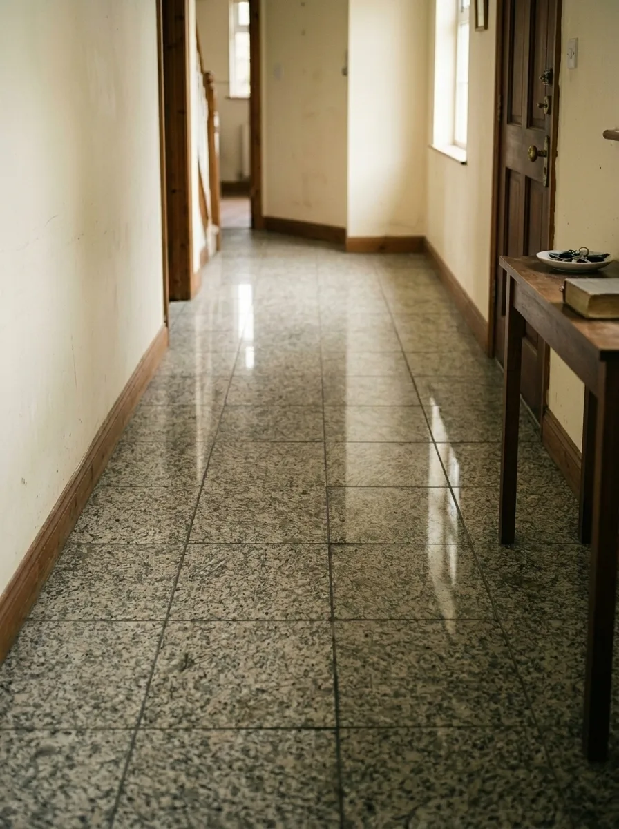 Pasillo con suelo de granito en una vivienda, antes y después del pulido — tratado