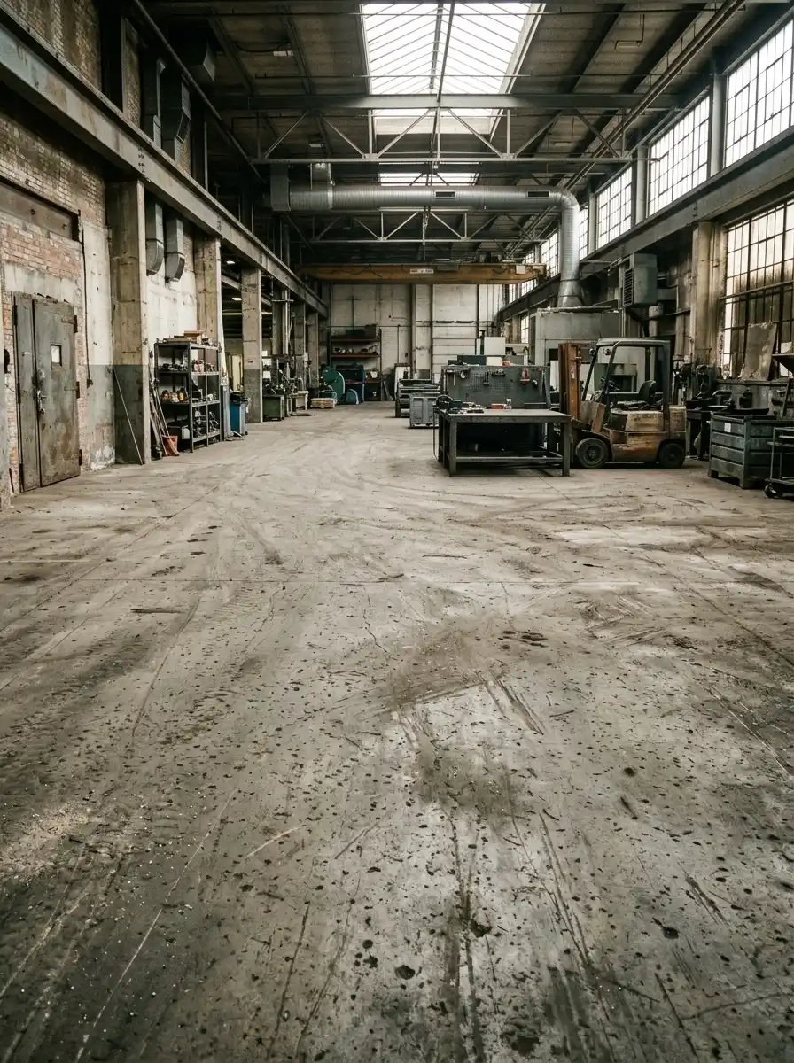 Suelo de una nave industrial, antes y después del pulido de hormigón — sin tratar
