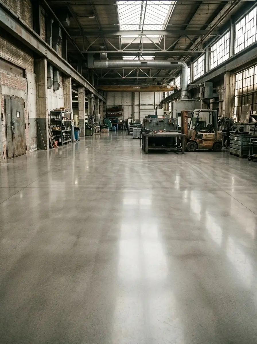 Suelo de una nave industrial, antes y después del pulido de hormigón — tratado