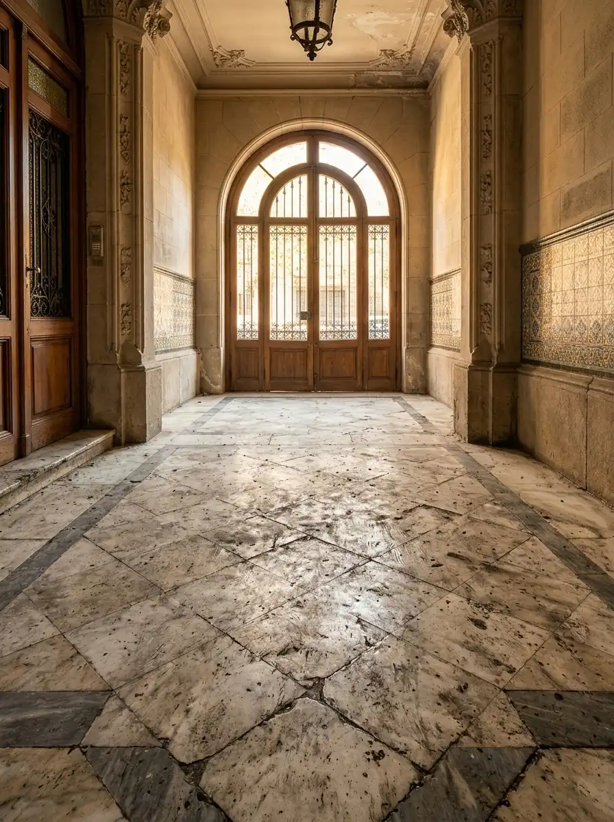 Portal de mármol en un edificio de Barcelona, antes y después del pulido — sin tratar