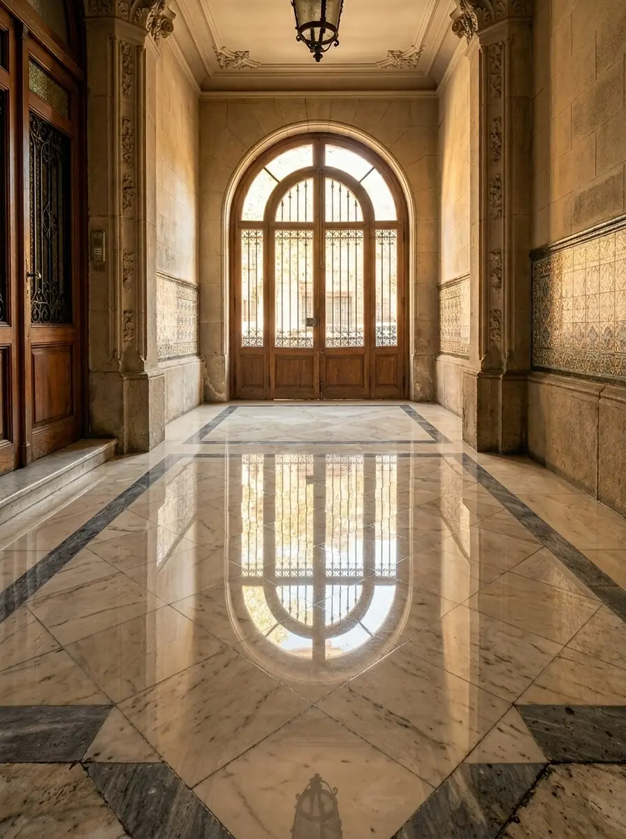 Portal de mármol en un edificio de Barcelona, antes y después del pulido — tratado
