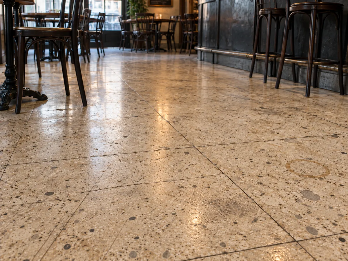 Suelo reparado, con la zona dañada restaurada e integrada con el resto del pavimento — sin tratar